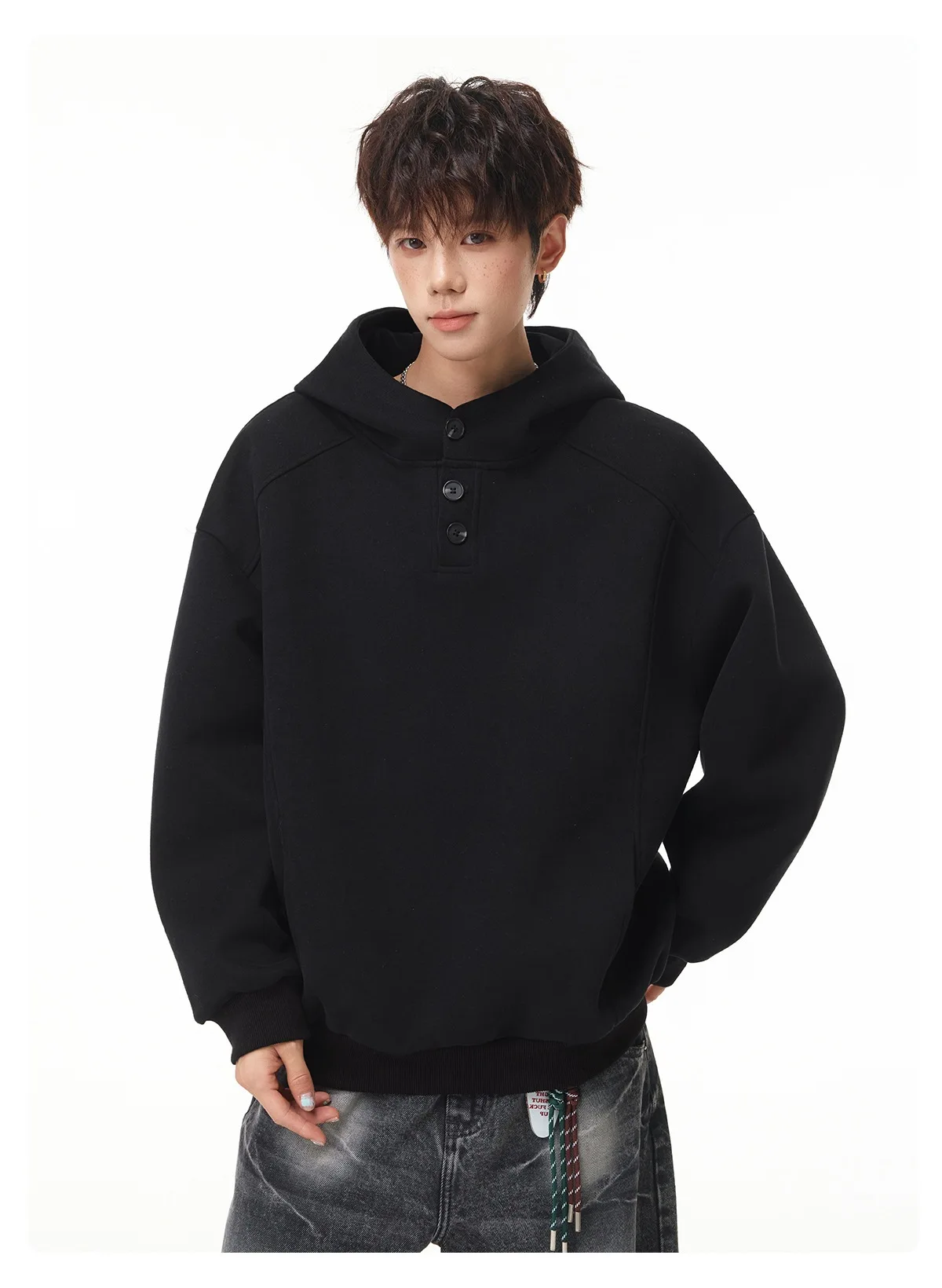 Autumn Winter New Button Half High Neck Hoodie for Men Korean Fashion Harajuku Simple Solid Men's Casual Loose Hooded Sweatshirt