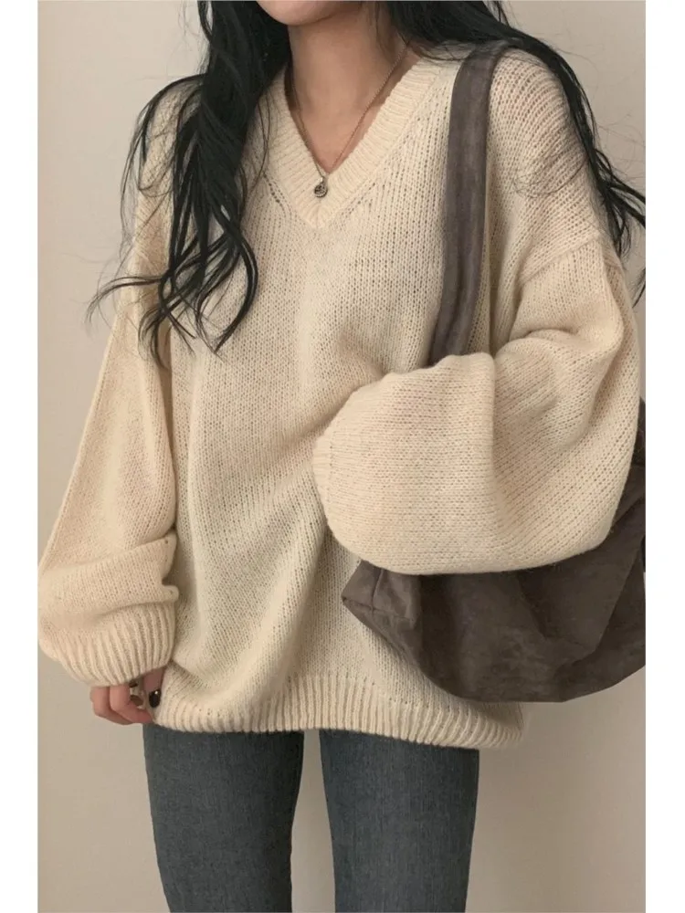 Autumn Winter Long Sleeve Women V-neck Pullovers White Gray Simple Loose Oversize Female Cozy Sweaters Knitted Korean Stylish