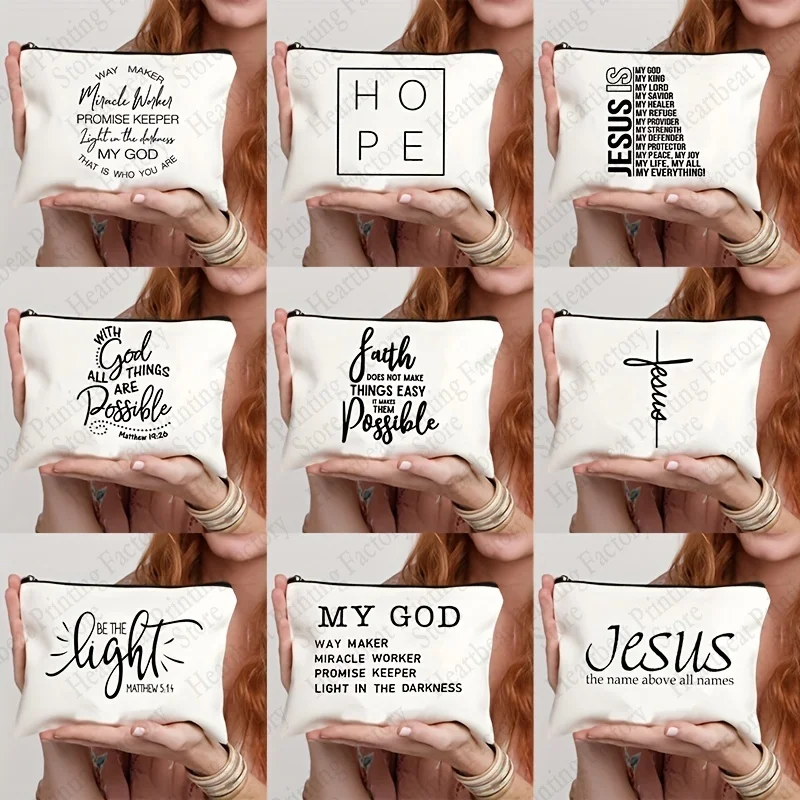 Faith Over Fear Pattern Christian Printed Makeup Pouch Women Cosmetic Make Up Bag Religion Graphic Fearless Slogan Toiletry Bag