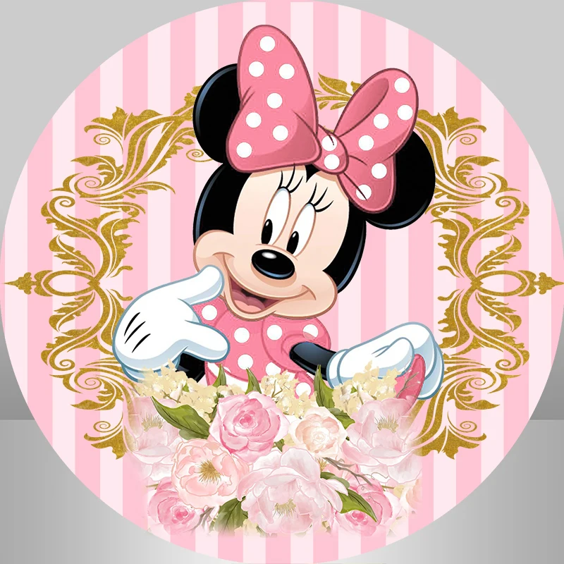 Pink Minnie Mouse Circle Background Girls Birthday Party Decoration Round Photography Backdrop Pedestal Cylinder Table Covers