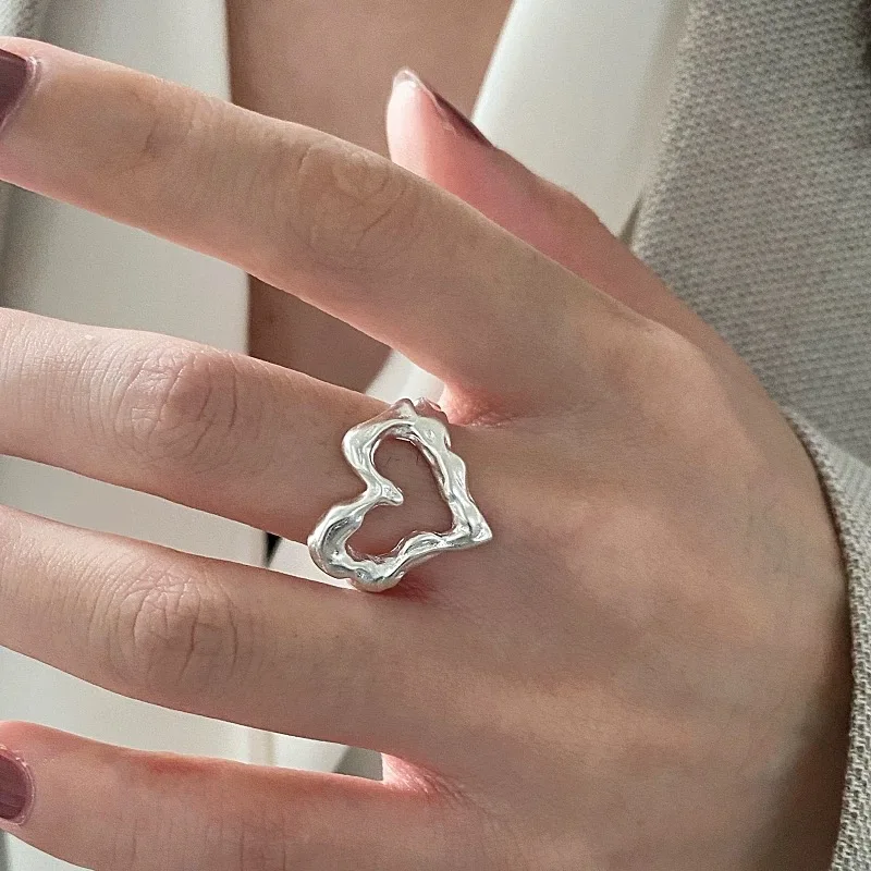 Cincin perak Sterling 925 untuk wanita pria, pasangan minimalis buatan tangan sederhana cincin Hati hadiah perhiasan mencegah alergi