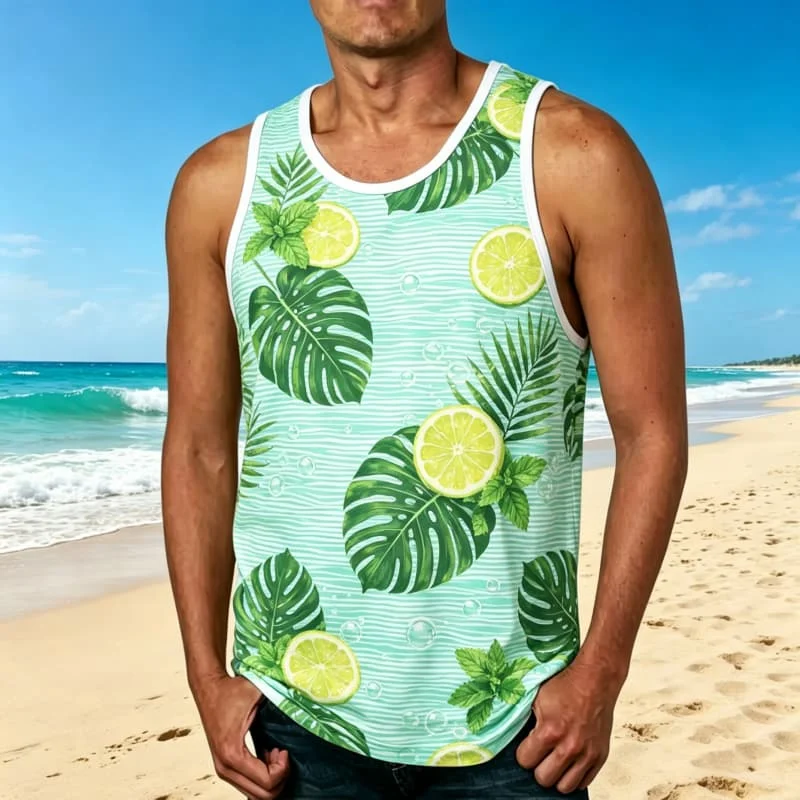 Men's All-Over Tropical Fruit & Floral Printed Tank Tops, Fashion Casual Style for Summer, Beach and Versatile Casual Occasions