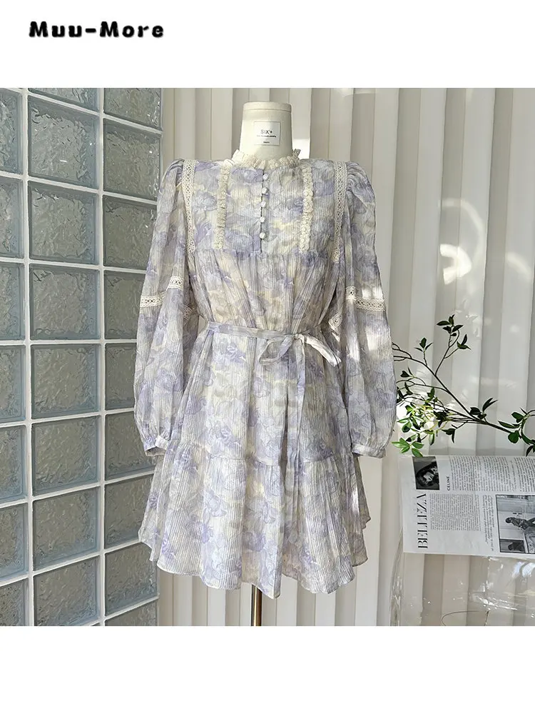 Vestido de noche de manga larga con estampado Floral para mujer, traje elegante de estilo francés, largo medio, Vintage, con cordones y cuello alto, primavera 2023