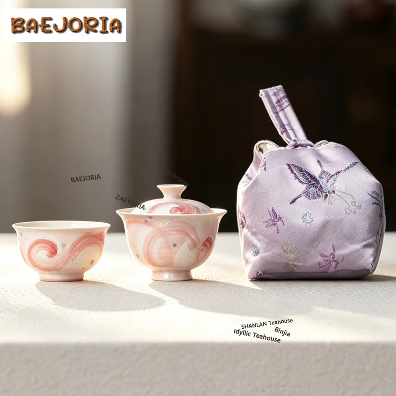 BAEJORIA Hand-painted Oil Painting Style Pink Starry Sky Travel Tea Set Kit 1 Bowl 1 Cup Tea Maker Organizer Portable Picnic Bag