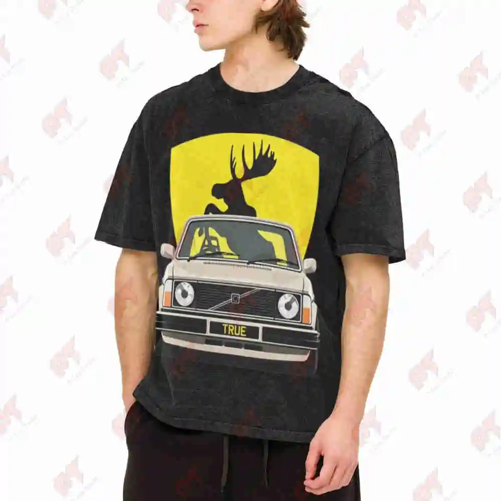 Swedish Car Deer Retro Automotive Vintage Washed Tee Pure Cotton T-Shirt