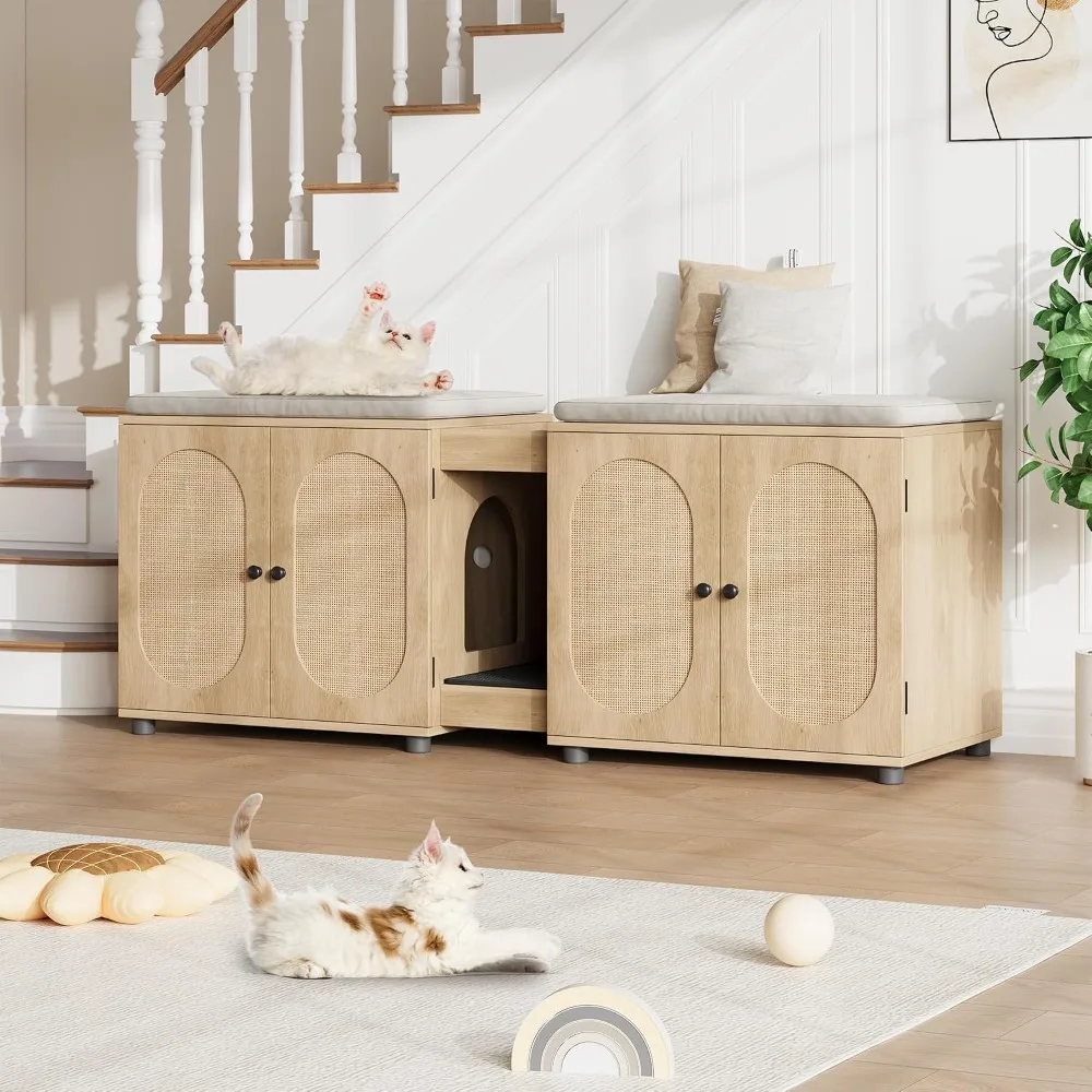 Garvee Multi-Functional Hidden Cat Litter Box Enclosure Furniture for 2 Cats, Rattan Doors, Storage End Table/TV Stand for Indoor Living Room or Bedroom  ﻿