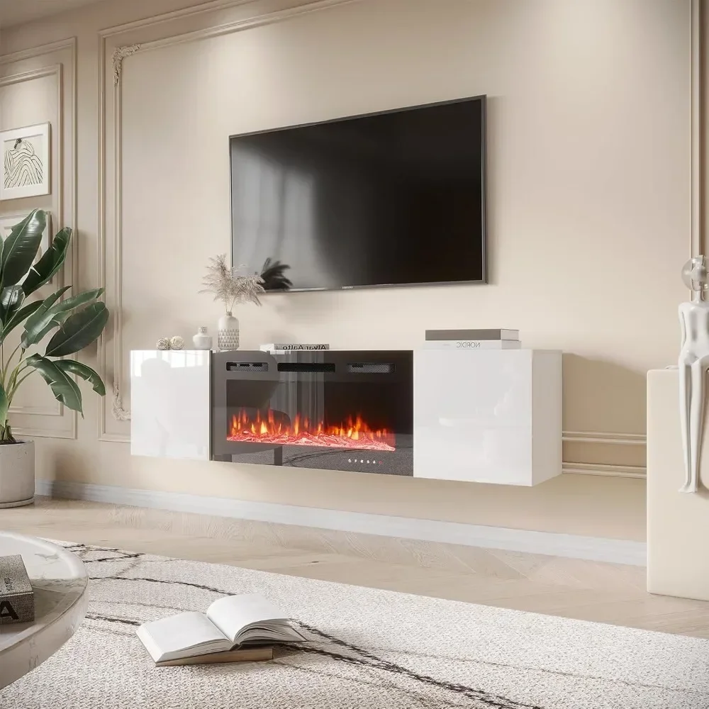

70'' Floating TV Stand with 36''Electric Fireplace,High Gloss Finish Entertainment Center with 12 Flame Fireplace Insert Heater