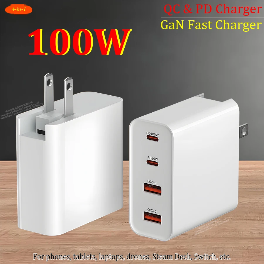 100w-gan充電器-usb-a-c-4ポート急速充電デュアルpd-qc、usb-type-c充電器プラグ付き（英国-eu-オーストラリア-米国）macbook-iphone-ipad用