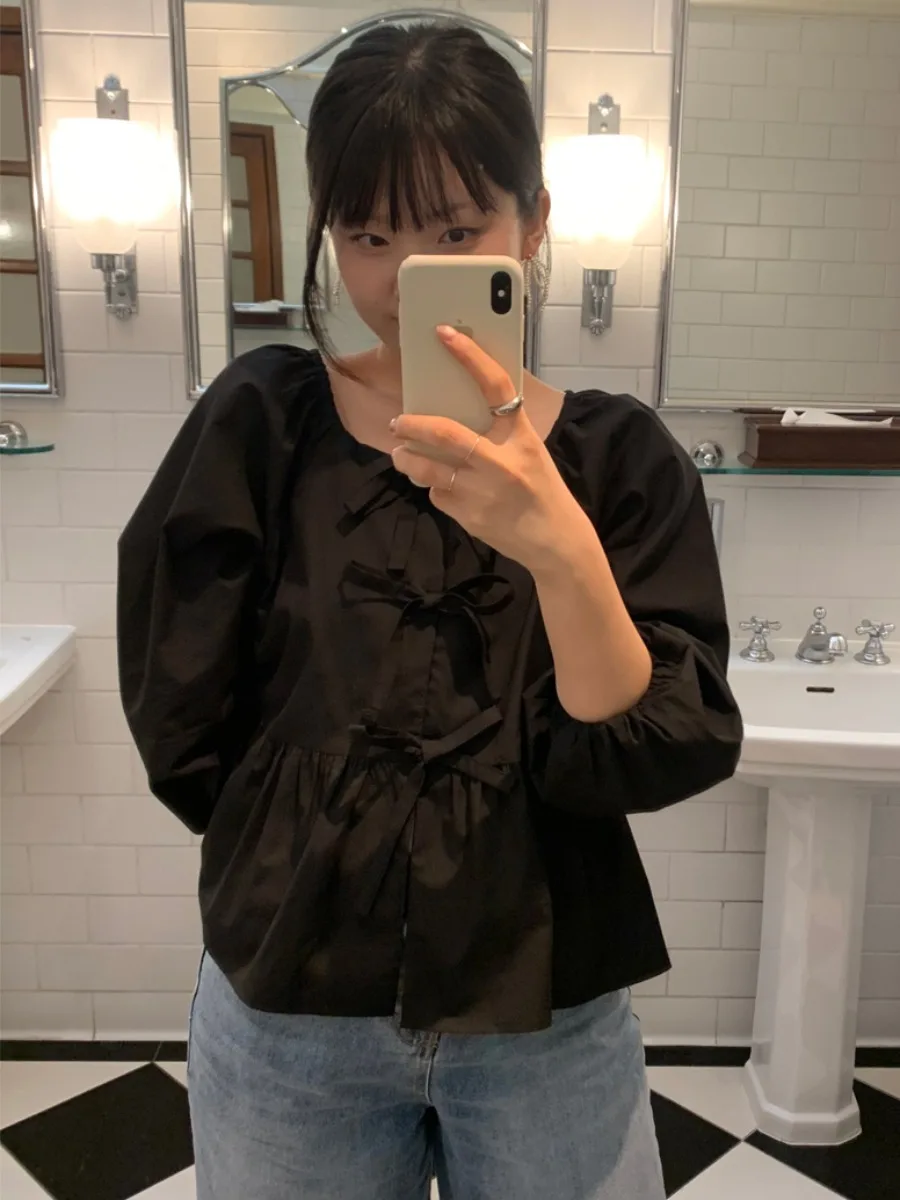 Chic Autumnal da donna lungo Sve irt con papillon colletto quadrato vestibilità ampia versatile finiture in pizzo con cintura design faionable