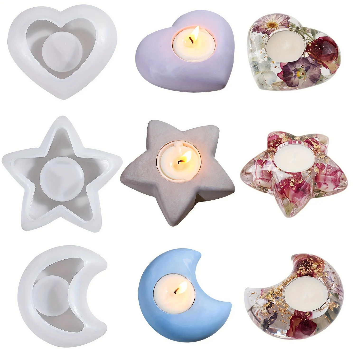 Resin Casting Molds Featuring Stars, Moons, And Hearts for Scented Candles And Candle Holders, Made of Silicone.Designed to