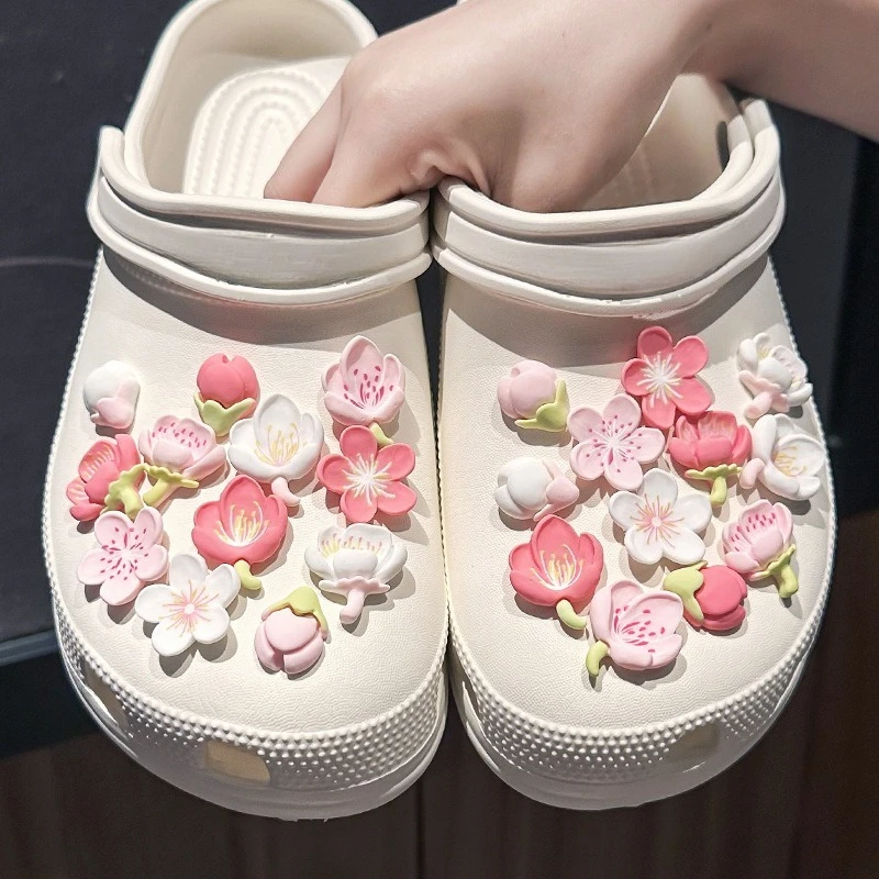Pink Cherry Blossoms Flowers Shoe Charms For Clogs Bubble Slides Sandals Removable Shoe Decorations Accessories Christmas Gift