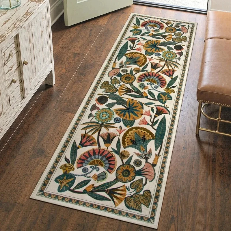 VIKAMA Boho Vintage Flower Area Runner Rug, Non-slip Water Absorbent Soft Floor Mat For Hallway Entryway Home Decoration