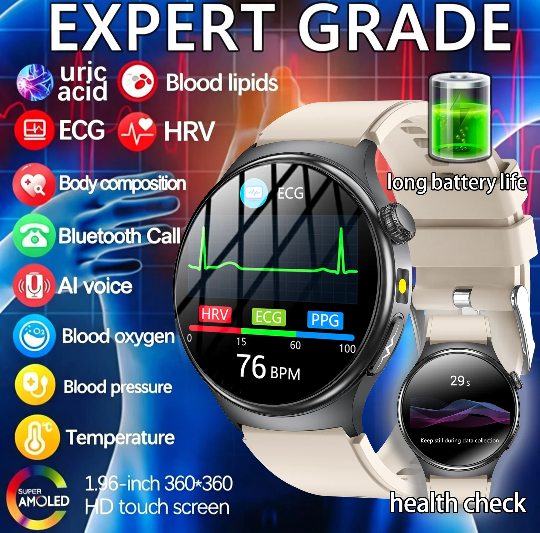 New Nursing  Smart Watch ECG BP  Heart Rate Blood Composition Temp Whole-body Examination body fat fitness waterproof smartwatch