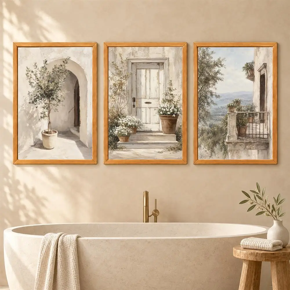 European Villa Doorway Balcony Scenery Painting Calligraphy 3 Pieces Canvas Poster Set Wall Art for Living Room Home Decor Gift