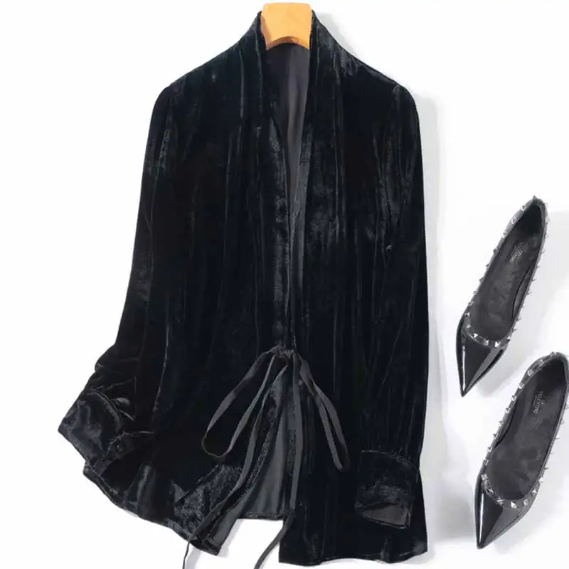 Women Silk Shirt Lining 100% Mulberry Silk Velvet Black V Neck Long Sleeve Tie Cardigan Coat Top Blouse Office Lady M1044