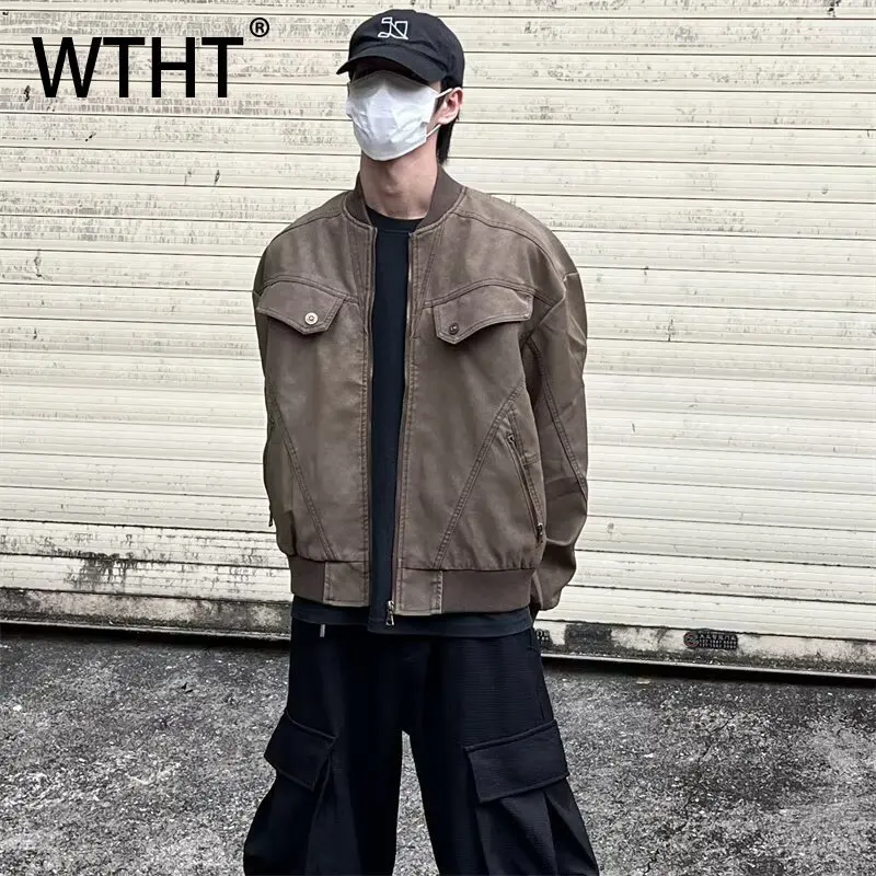 

Модные мужские укороченные куртки WTHT 2026 весна, однотонные, с вставками, в американском стиле, с воротником-стойкой, модель 2A1309