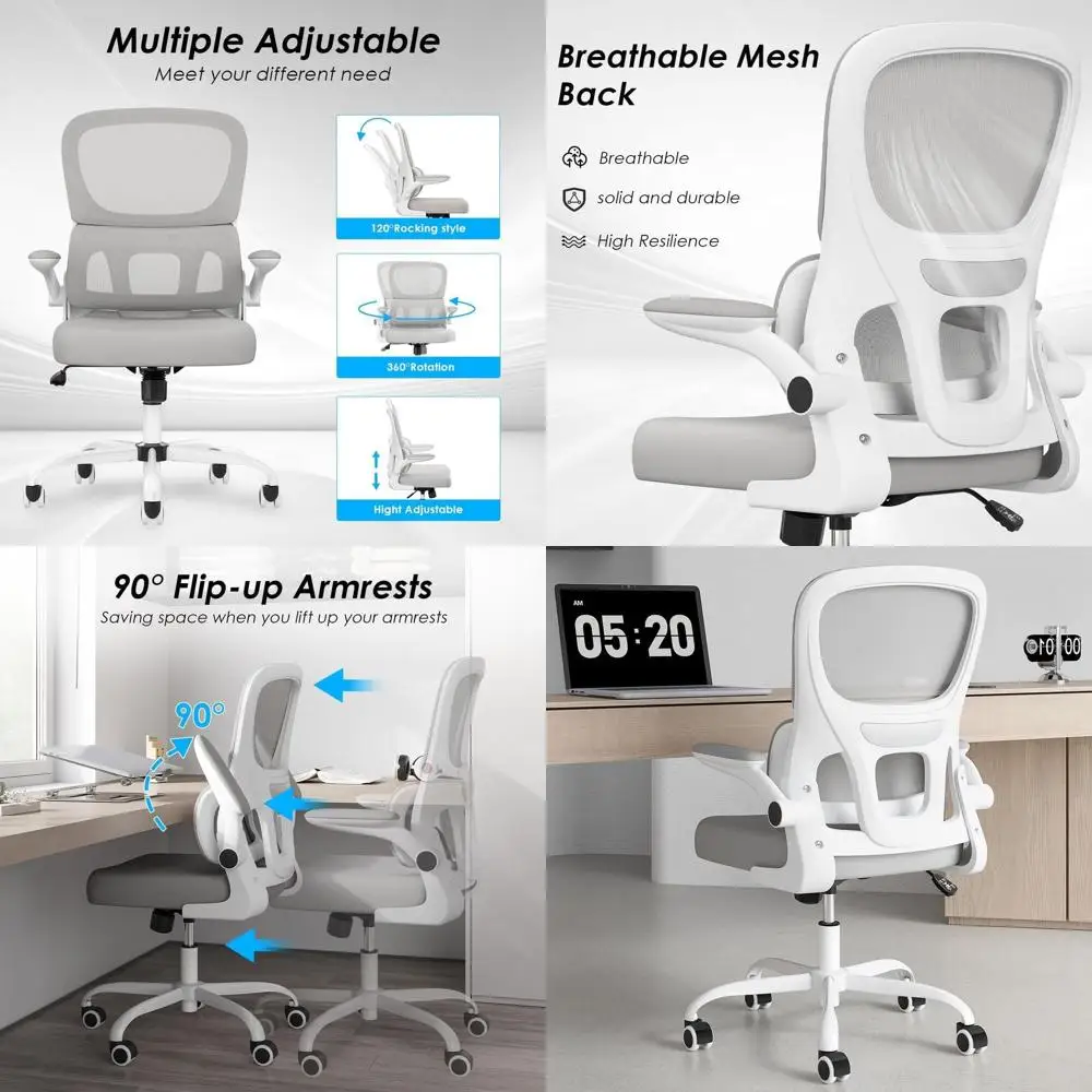 

Эргономичное сетчатое офисное кресло с поясничной поддержкой и откидными подлокотниками, удобное для дома/офиса, белое и серое