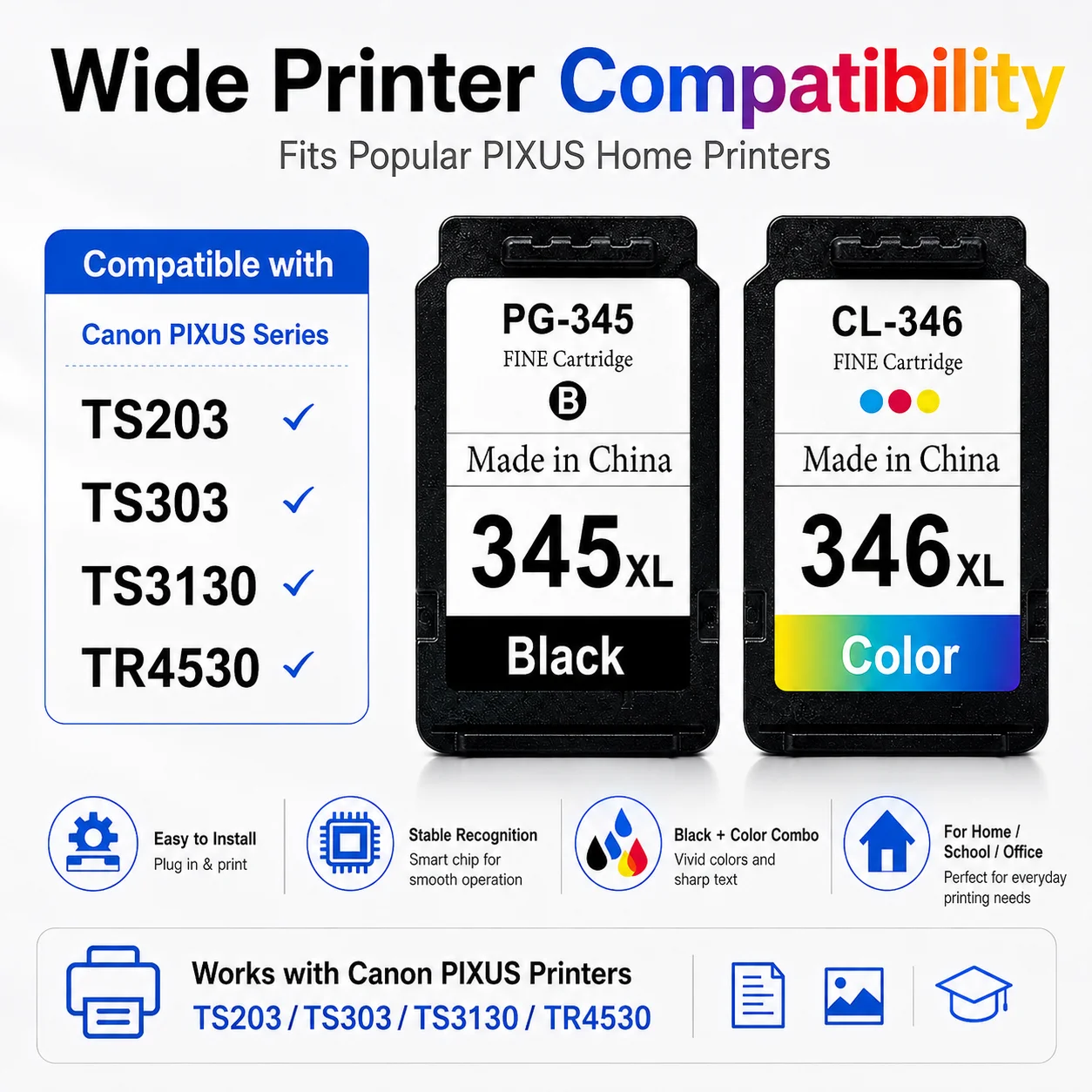 PG-345XL CL-346XL Compatible Ink Cartridge Combo for Canon PIXUS TS203 TS303 TS3130 TR4530 Black Color
