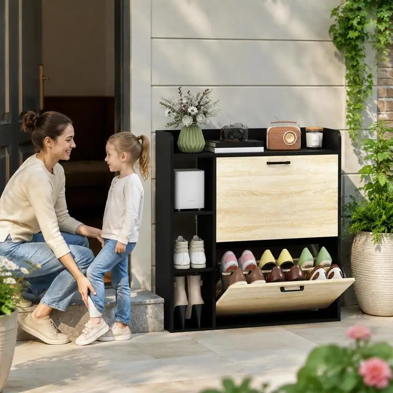 Meuble à chaussures 15 paires, armoire à chaussures moderne avec 2 tiroirs rabattables, 83x24x90.5cm, effet bois naturel, structure de rangement multicouche pour organiser le rangement des articles quotidiens