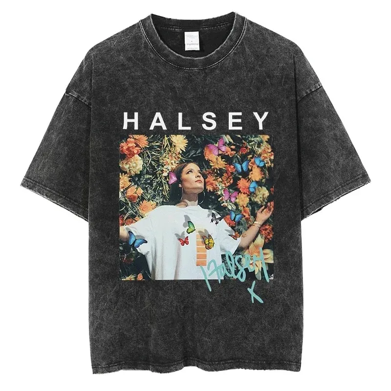 High Street Fashion Halsey Graphic T Shirt Men Women Retro Clothes Tops Quality Cotton Vintage Oversized Black Short Sleeve Tees