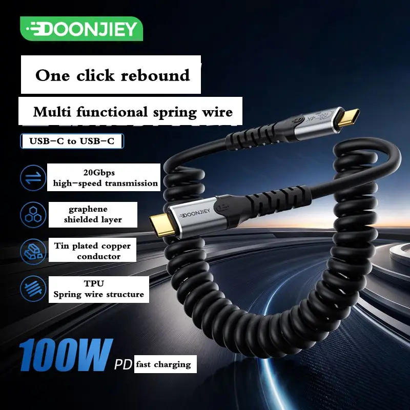 Type-C Male to Female Spring Extension Cable USB 3.2 Male to Male Data Cable PD100W 20Gbps Transmission 4K@60Hz Screen Mirroring