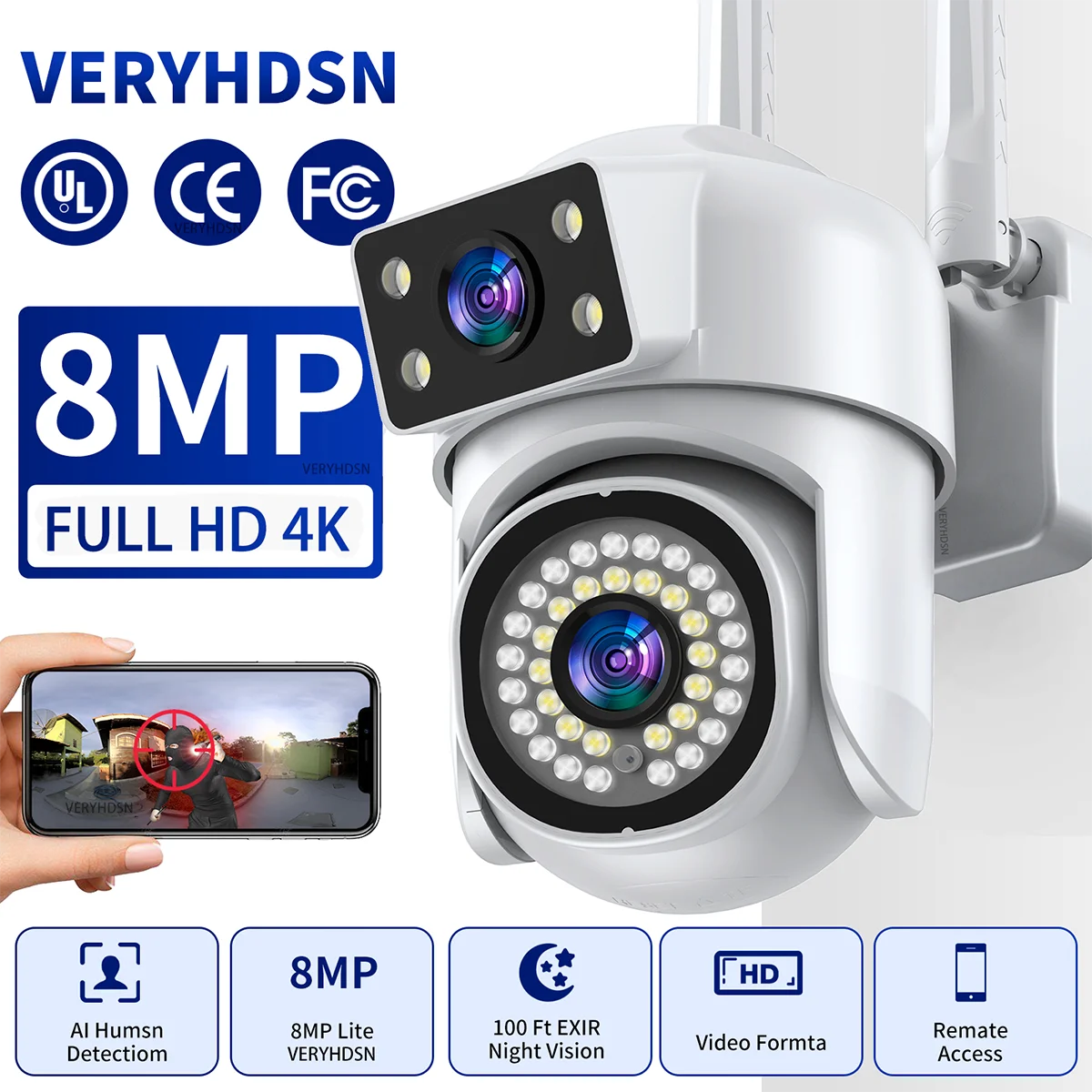 

8MP 4K PTZ IP WIFI Camera Wireless Surveillance Cameras Security Outdoor AI Human Tracking Two-way Audio Night Color 8X Zoom Cam