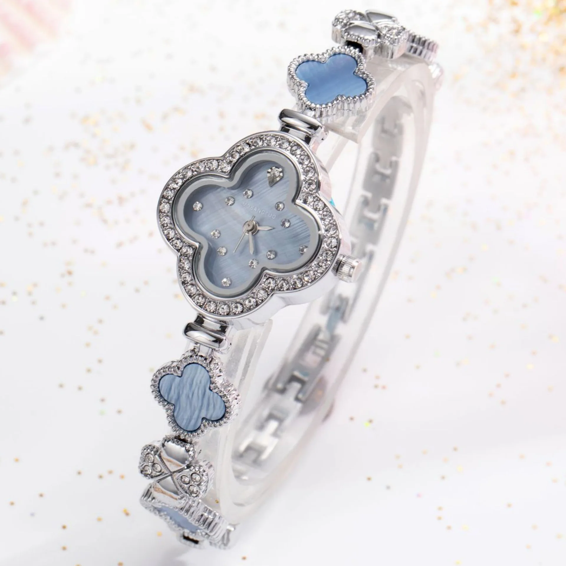 KAIRIS Women's Luxury Clover Watch Blue Shell Dial Crystal Bezel Silver Bracelet Quartz Wristwatch Jewelry Gift view 2