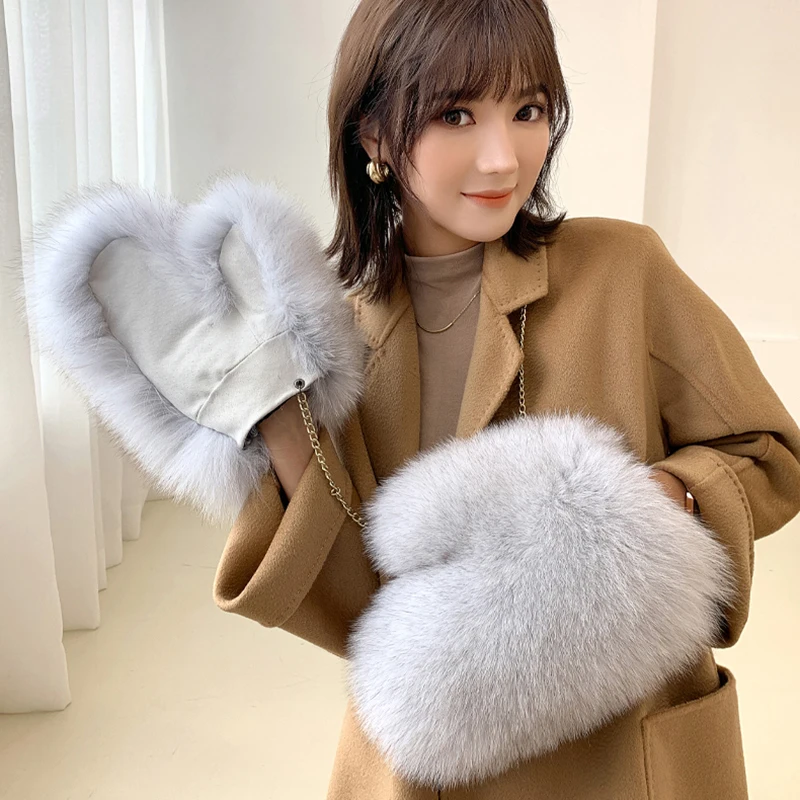 New Brand 2024 Girl Fashion Luxury Real Fox Fur Glove Winter Women Natural Real Fox Fur Gloves Warm 100% Genuine Fox Fur Mittens