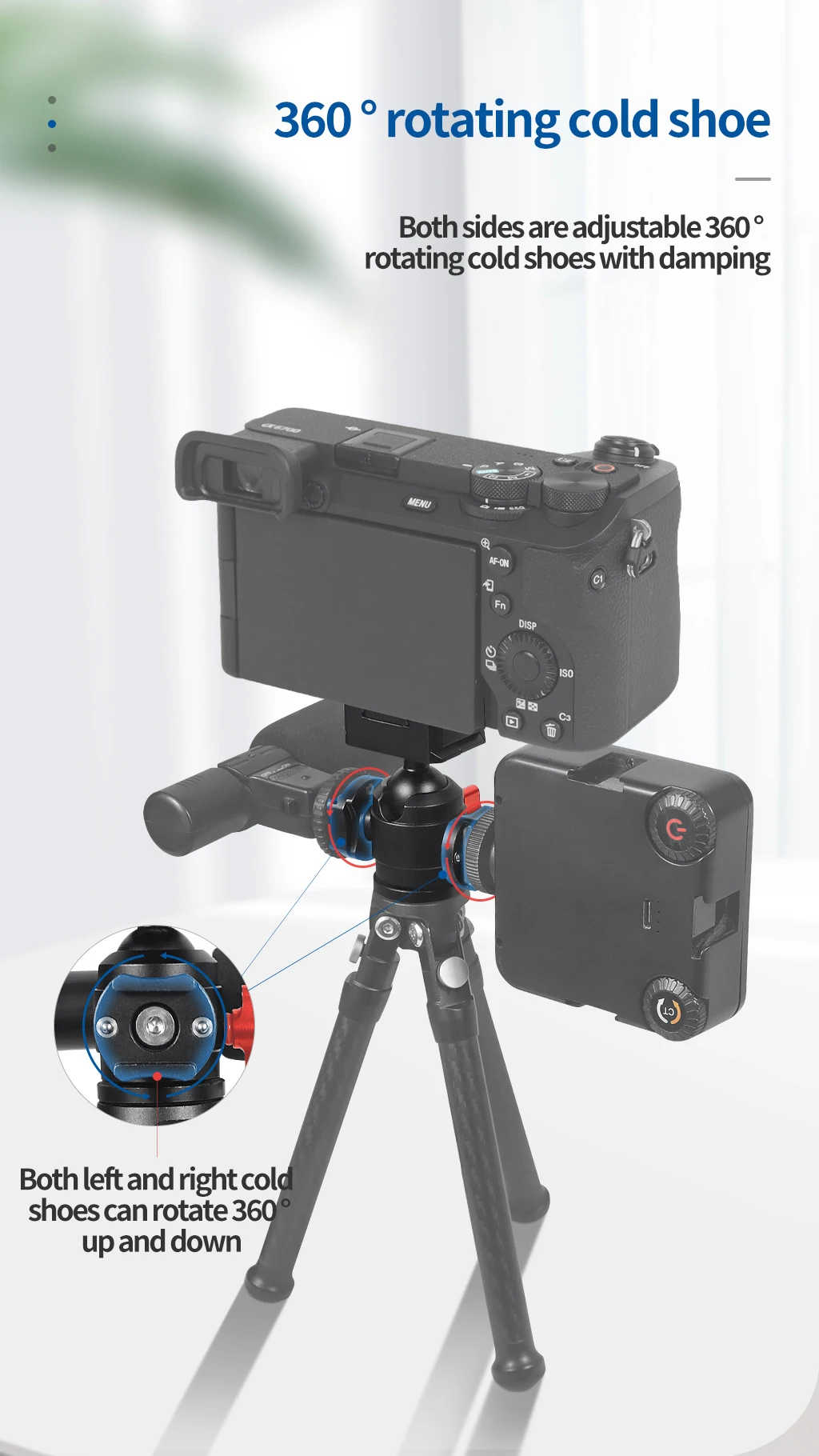 DSLR-Kamera-Stativ-Kugelkopf mit 1/4-Zoll-Gewinde, Cold-Shoe-Halterung, V-Port, Schnellwechselplatte für Fill-Light und Mikrofonständer, max. Belastung 12 kg – Detail 6