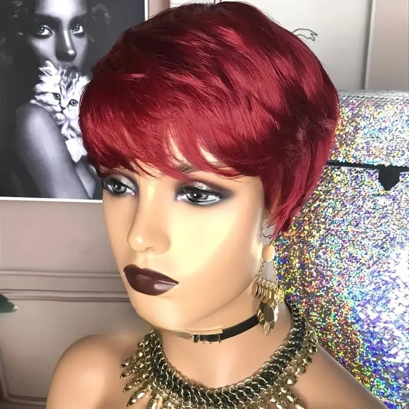 Straight Layered Hair Short Pixie Wigs Human Hair Full Machine Made wigs for Women