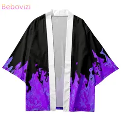 Kimono con estampado de llamas púrpuras para hombre y mujer, cárdigan tradicional japonés de manga 2023, ropa de calle Harajuku, moda de verano, 3/4