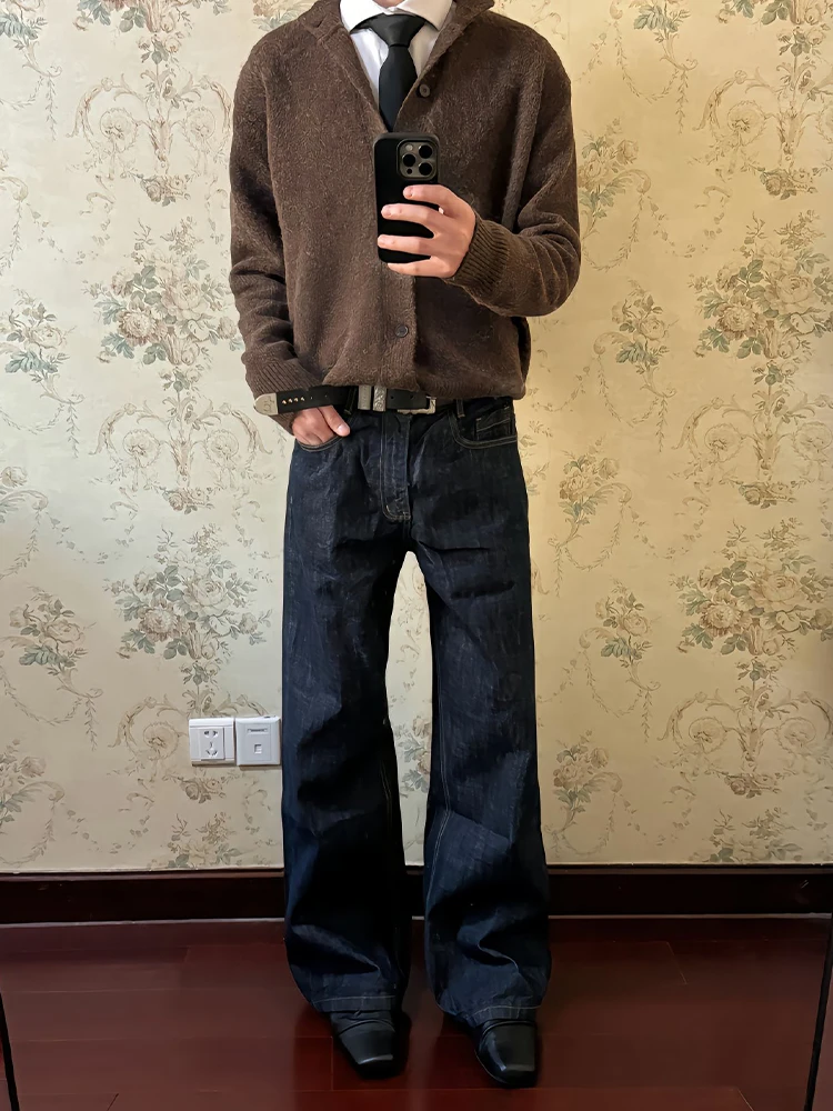 

Мужские джинсы в американском ретро-стиле, оригинального цвета, весна-осень, А-силуэт, широкие брюки с драпировкой, с высокой талией, прямые, слегка расклешенные