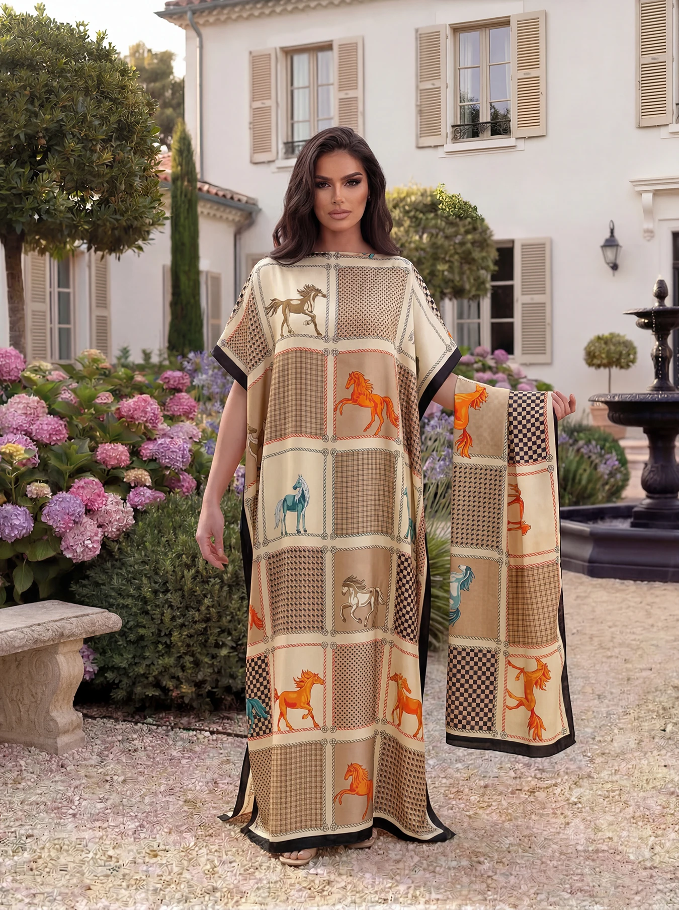 Plaid Horse Print Abaya with Matching Scarf, Loose Short‑Sleeve Long Robe, Summer Beach Vacation Outfit for African Muslim Ladie