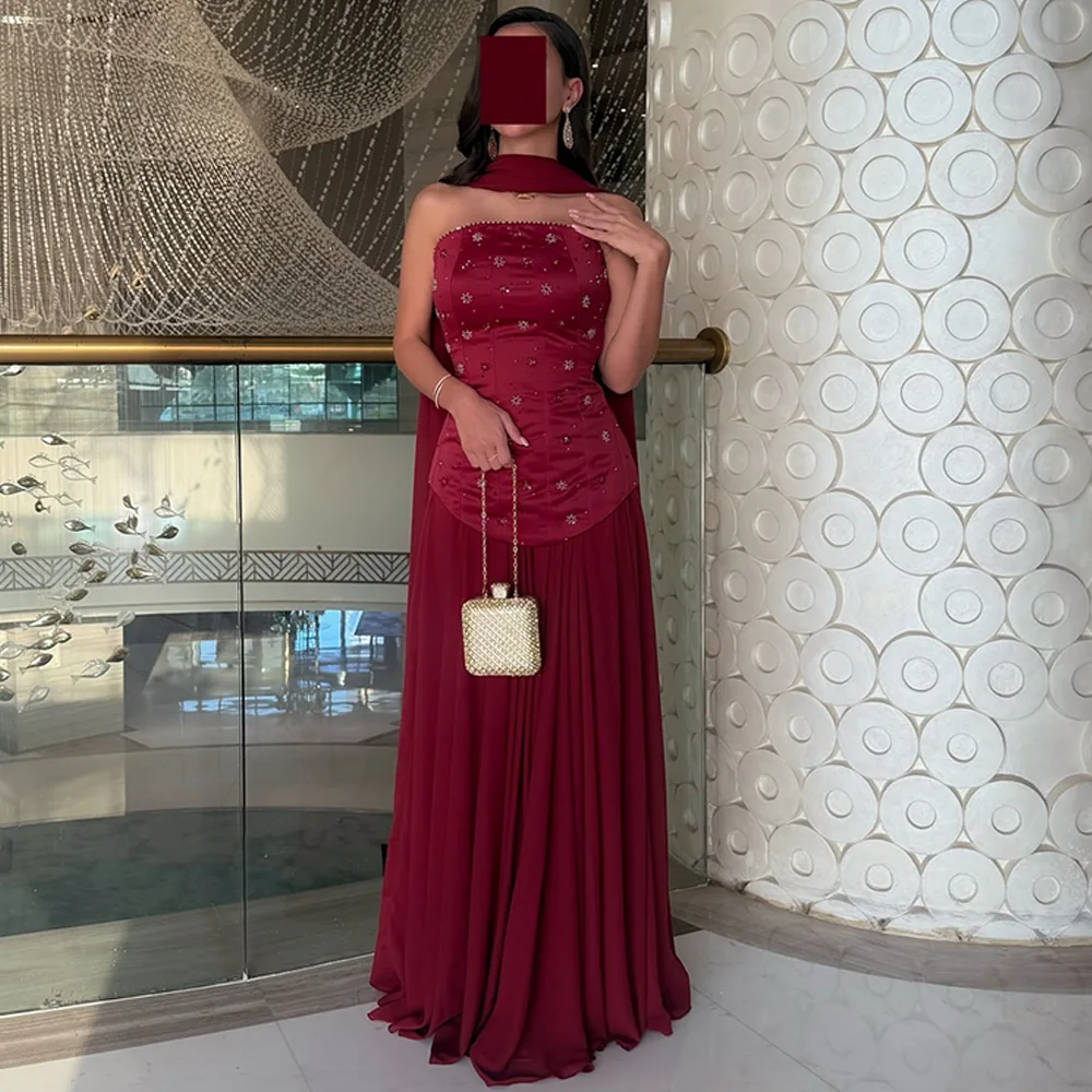 Formal borgonha cetim e chiffon vestido de noite personalizado sem alças sem mangas vestidos de baile miçangas fitas vestidos de festa