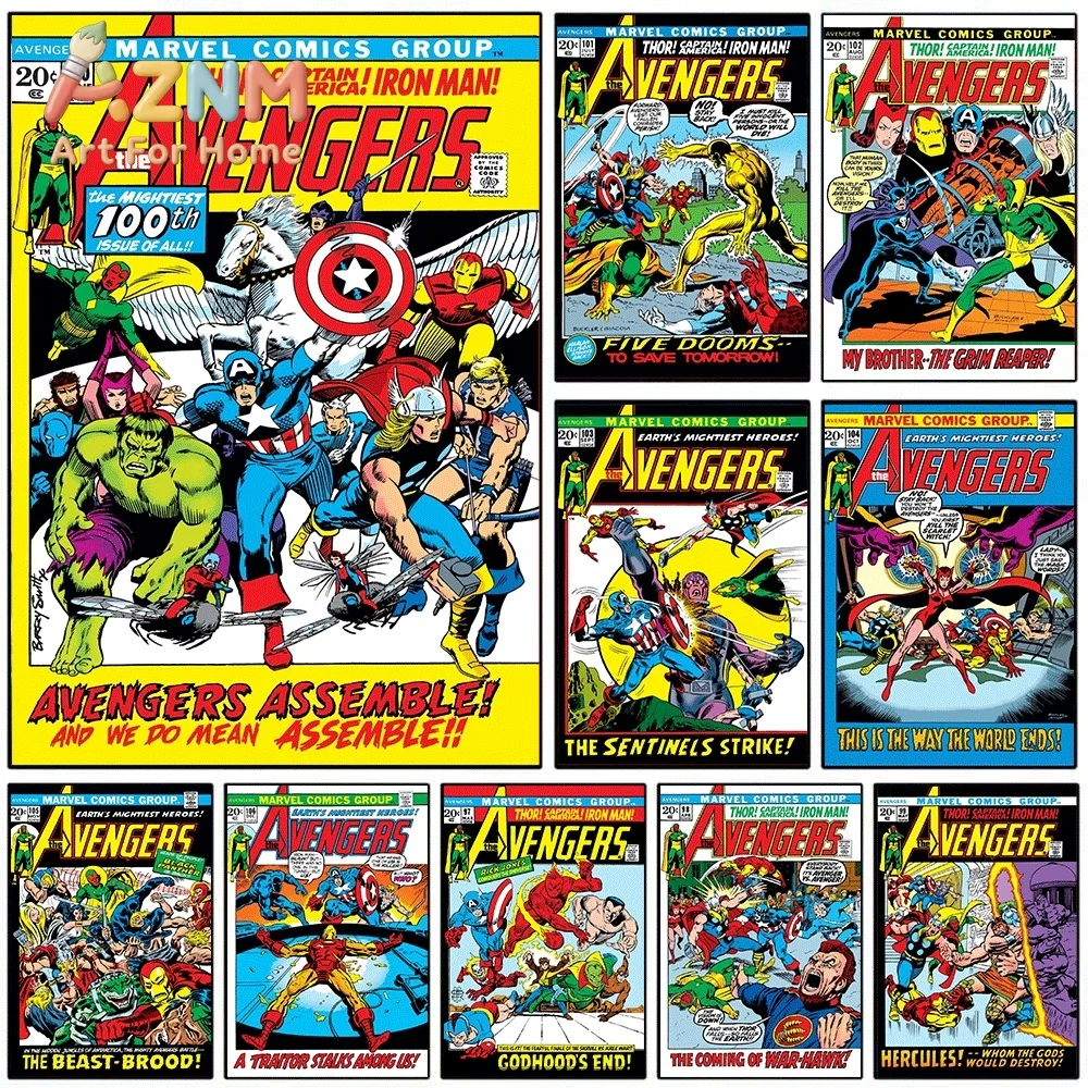 AZNM The Avengers #100 Avengers Assemble Comic Canvas Wall Art No Frame Vintage Superhero Print Poster Home Wall Decor