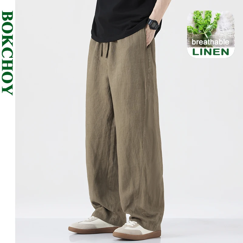 

2025 Autumn New Casual Breathable Linen Pants for Men Clothing Straight Drawstring Solid Color Pants LX2950