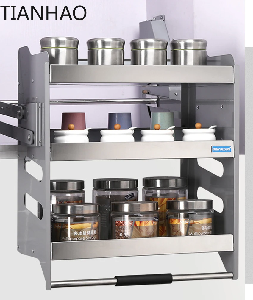 3 layers Wall Cabinet Lift Pull Basket Kitche Stainless Steel Drawer Seasoning Bottle Storage Racks
