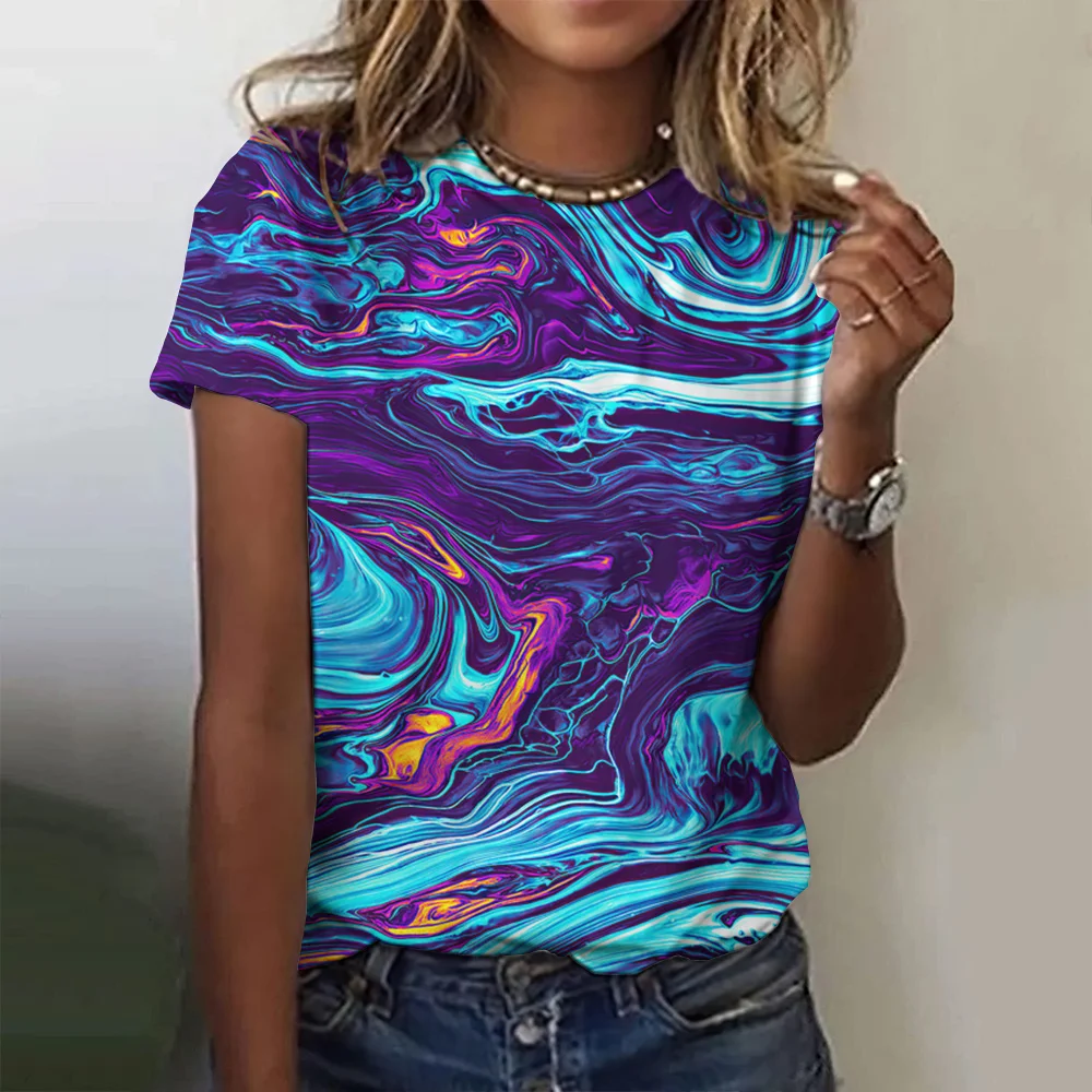 

Latest Abstract Colored Pattern Round Neck Women T-shirt Casual Style Short Sleeved Top Quick Drying Fashion Vacation Clothing