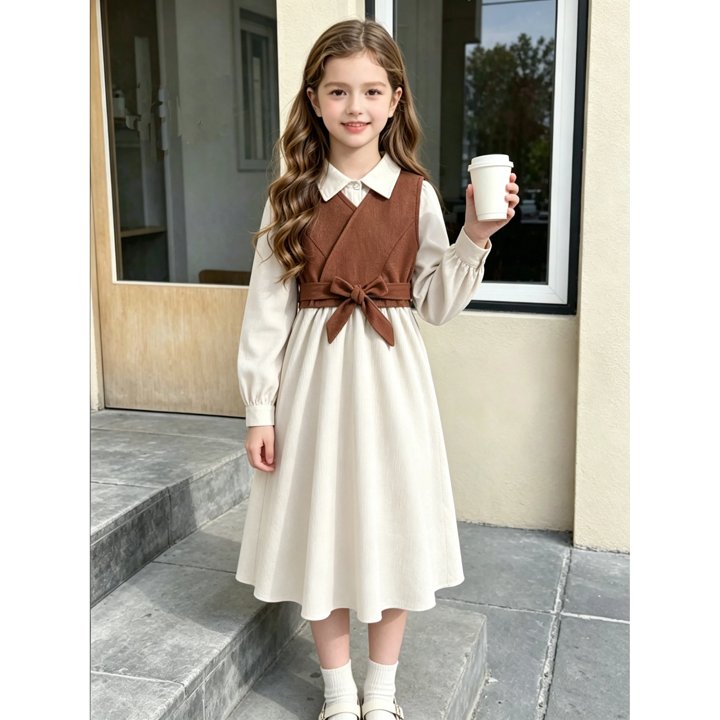 New Autumn 2PCS Kids Clothing Brown Vest & Beige Turn Down Collar Long Sleeve A-Line Dress For Girls 8-12 Years Korean Style