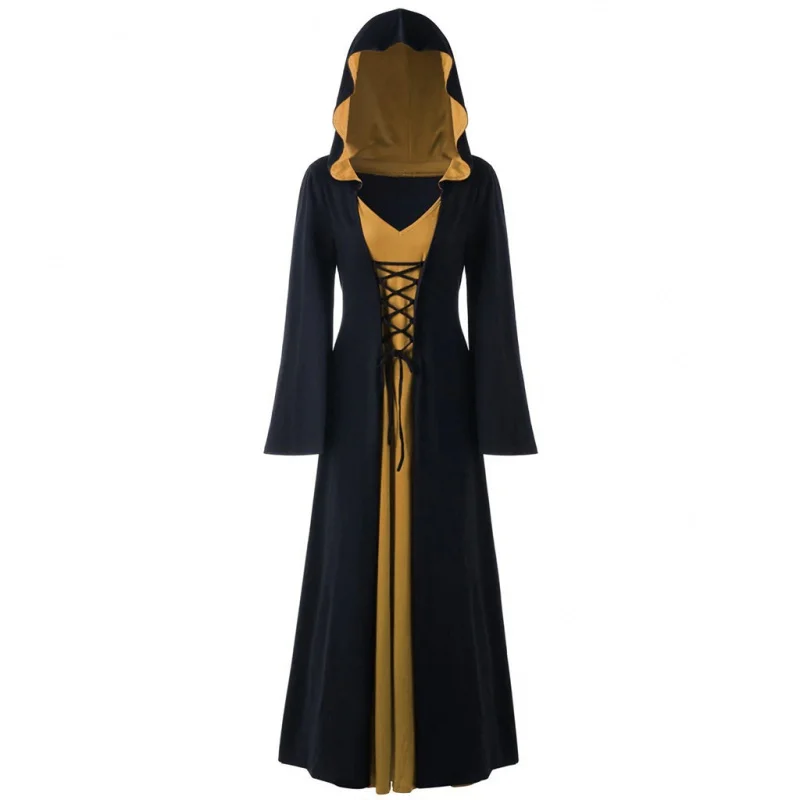 Halloween Mittelalter Kleid für Frauen Vintage Mit Kapuze Mantel Robe Cosplay Kostüm Retro Scary Vampire Hexe Karneval Disfraz Mujer