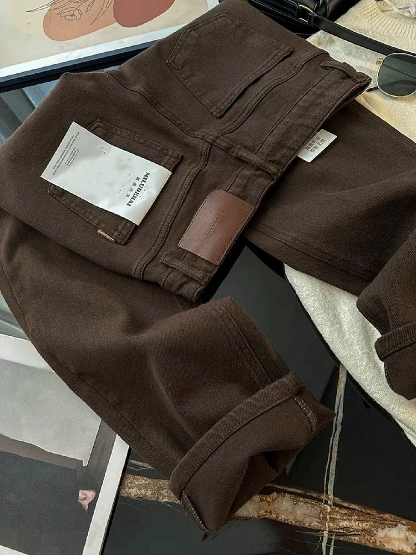 

Thickened Fleece Retro Straight Leg Jeans High Waist Wide Leg Pocket Detail High Temperature Resistant Cotton Ladies Jeans