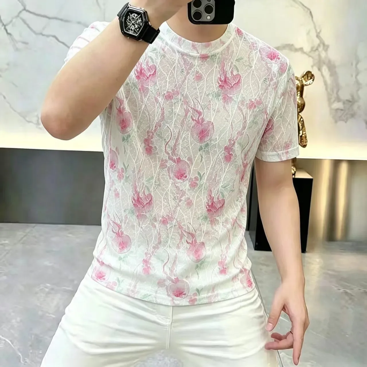 Men's Floral Print Lightweight Short Sleeve T-Shirt Round Neck Casual Summer Top Breathable Thin