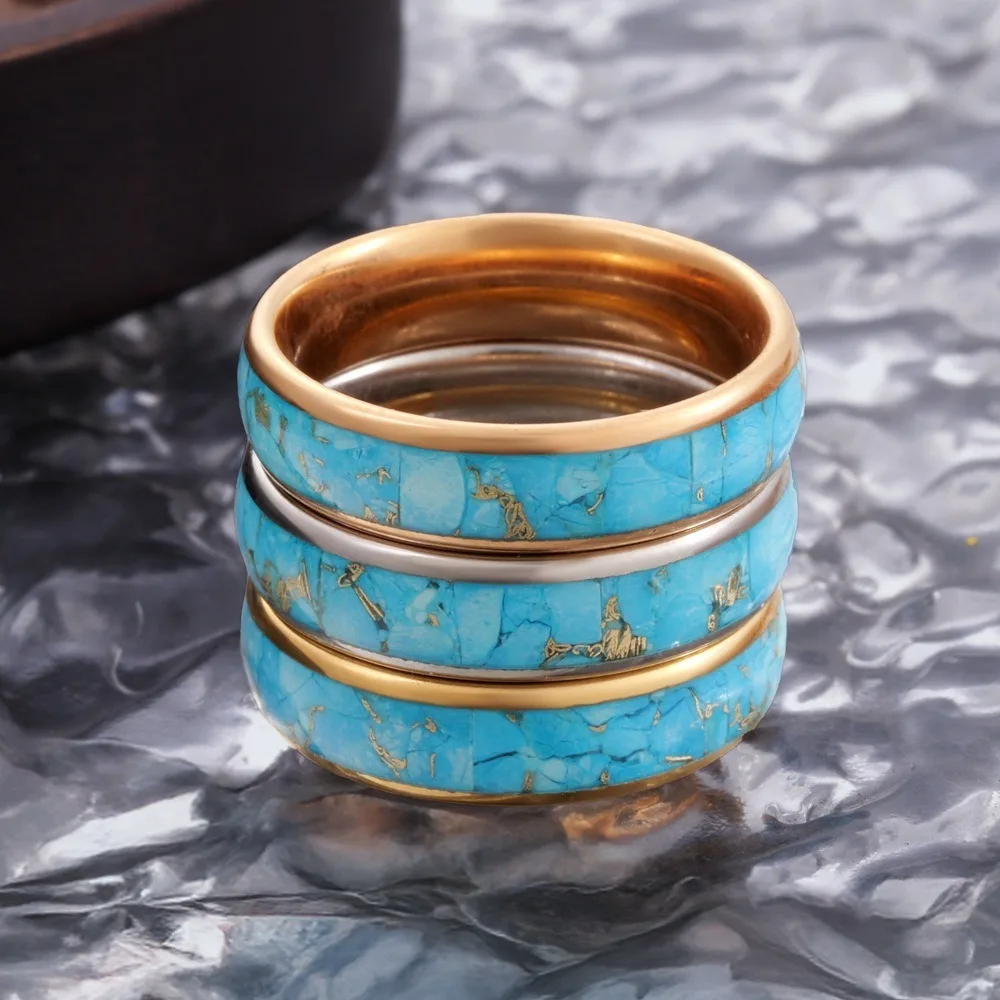 Somen 6mm Tungsten Carbide Wedding Band For Men Gold Color line and Turquoise Inlay Engagement Promise Ring Jewelry Comfort Fit