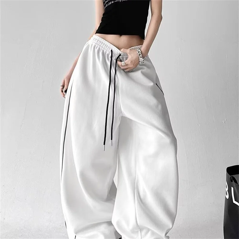 White Baggy Wide Leg Sweatpants for Women Side Stripe Elastic High Waist Drawstring Loose Casual Y2K Streetwear Joggers Trousers