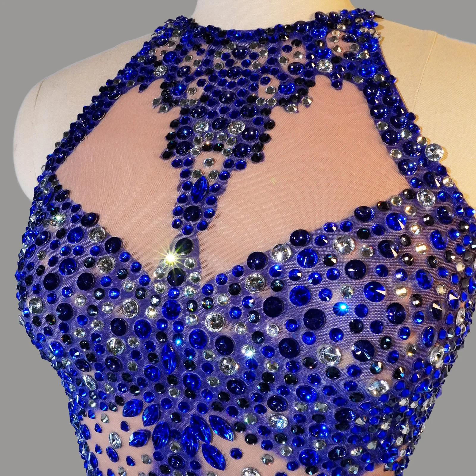 Brilliant Blue Diamond Sequin Pattern Halter Neck Sheer Fringe Bodysuit for Dance Nightclub Drag Queen performance Costume