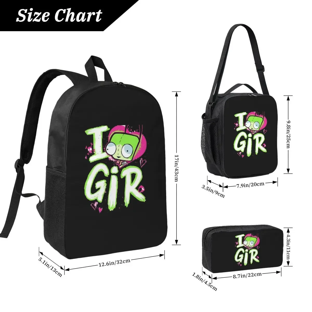 Invader Zim Valentine's Day I Love GIR Backpack BookBag School Bag Computer Shoulder Bags 3ps Insulated Lunch Bag Pencil Case