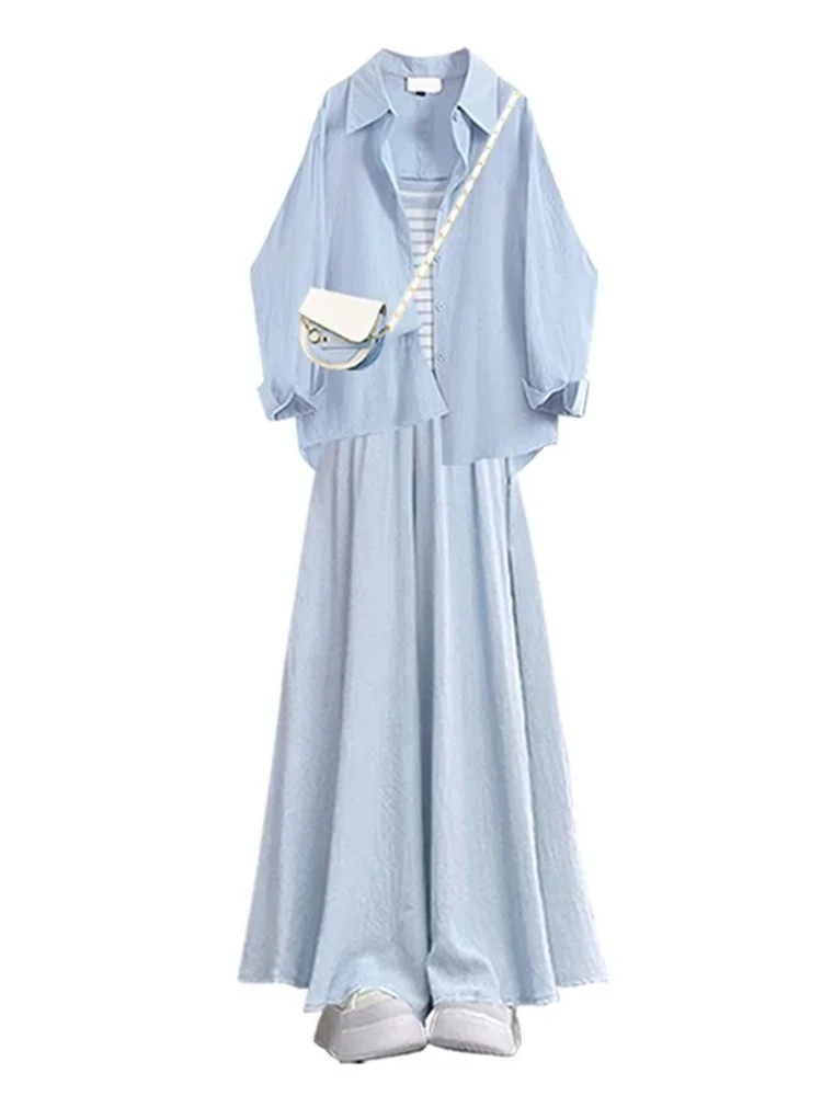 ชุดเซ็ตเสื้อยืดแขนยาวลายทางสำหรับผู้หญิง สไตล์ลำลอง ใส่สบาย ป้องกันแสงแดด เหมาะสำหรับฤดูใบไม้ผลิและฤดูร้อน พร้อมกางเกงขายาวลำลอง และเสื้อเชิ้ตแขนยาวคอปกติดกระดุม