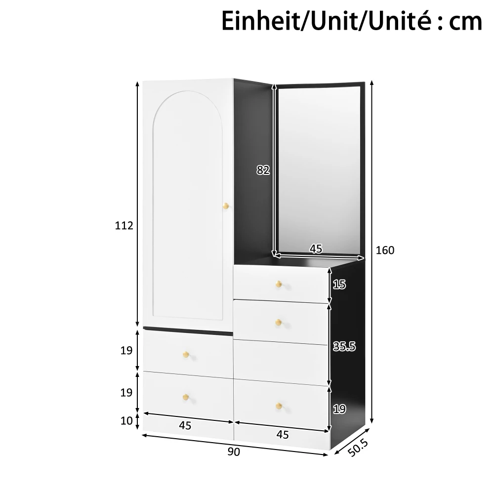 Ensemble coiffeuse et armoire tout-en-un avec tabouret coussiné escamotable, grand miroir pleine longueur, tiroirs de rangement multi-niveaux pour maquillage, meuble de rangement moderne pour chambre à coucher, armoire de rangement cosmétique grande capacité pour le rangement quotidien des produits de soin pour femmes
