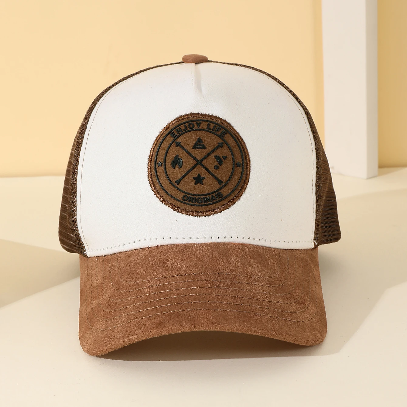 Retro-Baseballkappe aus Wildleder-Patchwork mit rundem Logo, atmungsaktiver Sommer-Sonnenhut aus Mesh, lässiger Sonnenschutzhut für den Außenbereich – Detail 11