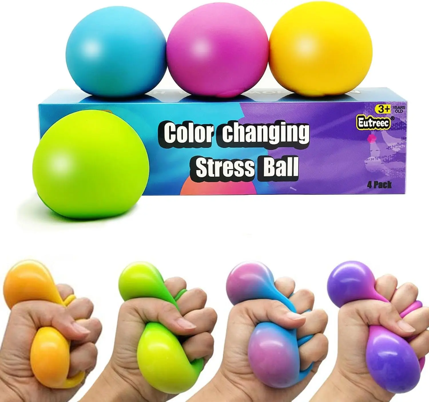 

4-Pack Color-Changing Stress Balls - Sensory Squeeze Toys for Kids & Adults - Green, Yellow, Blue, Pink